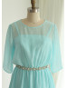 Blue Chiffon Elbow Sleeves Beads Sash Short Mother Dress